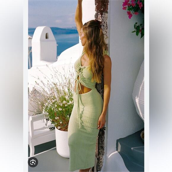 Sabo Skirt Mea Lace Up Green Bodycon Cut Out Midi Dress - Picture 3 of 10